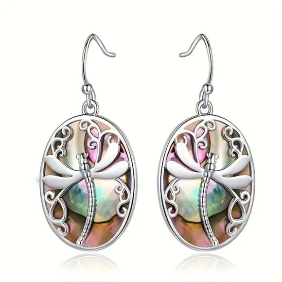 Dragonfly Dangle Earrings | Silver Shell Iridescent Bohemian Boho | New - Picture 1 of 7